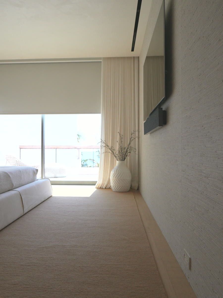 Bedroom sheer drapery on a customized Lutron track, Fort Lauderdale oceanfront estate