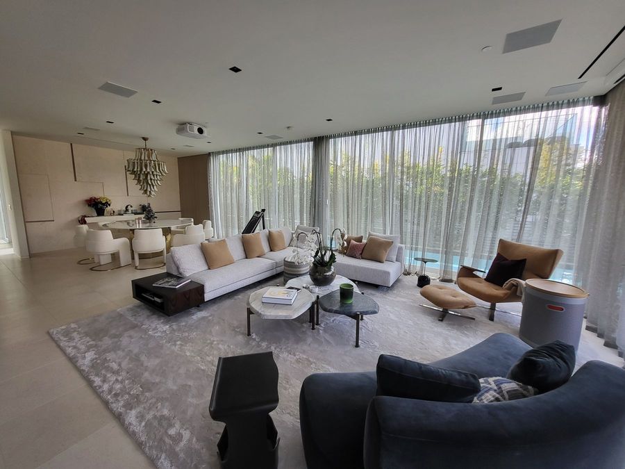 Ripplefold sheers across the living room glass at the Ritz-Carlton Residences Miami Beach