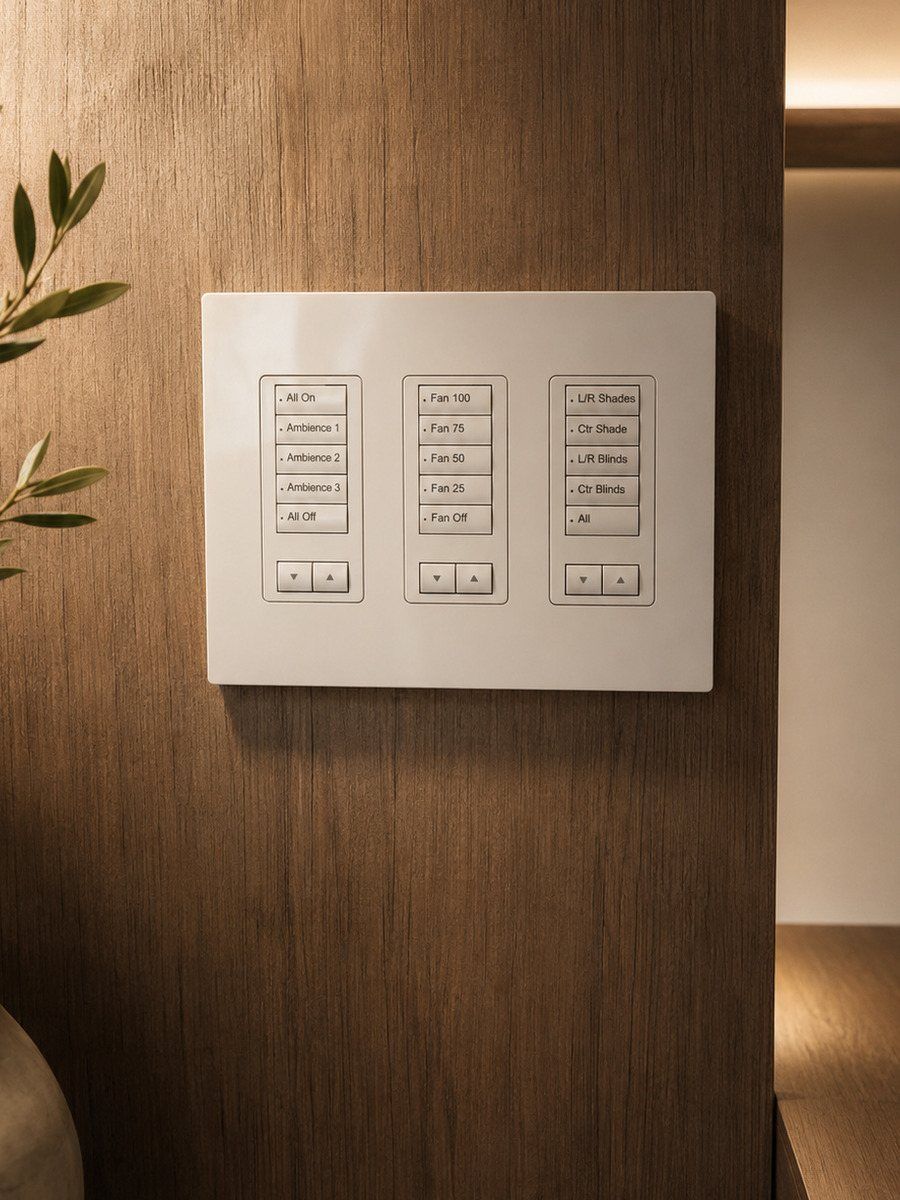 Lutron keypad with one-touch wired shade control in a Turks and Caicos villa