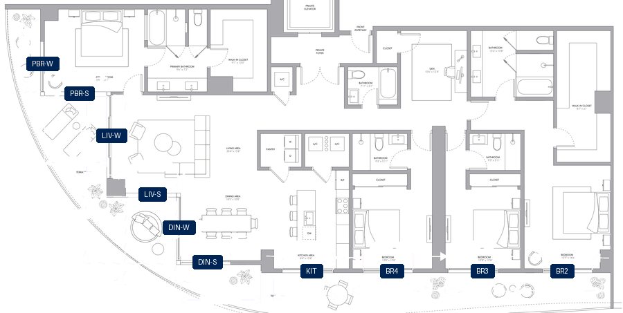 Shade plan for ONE Park Tower Penthouse 05, 11 tagged glazed openings