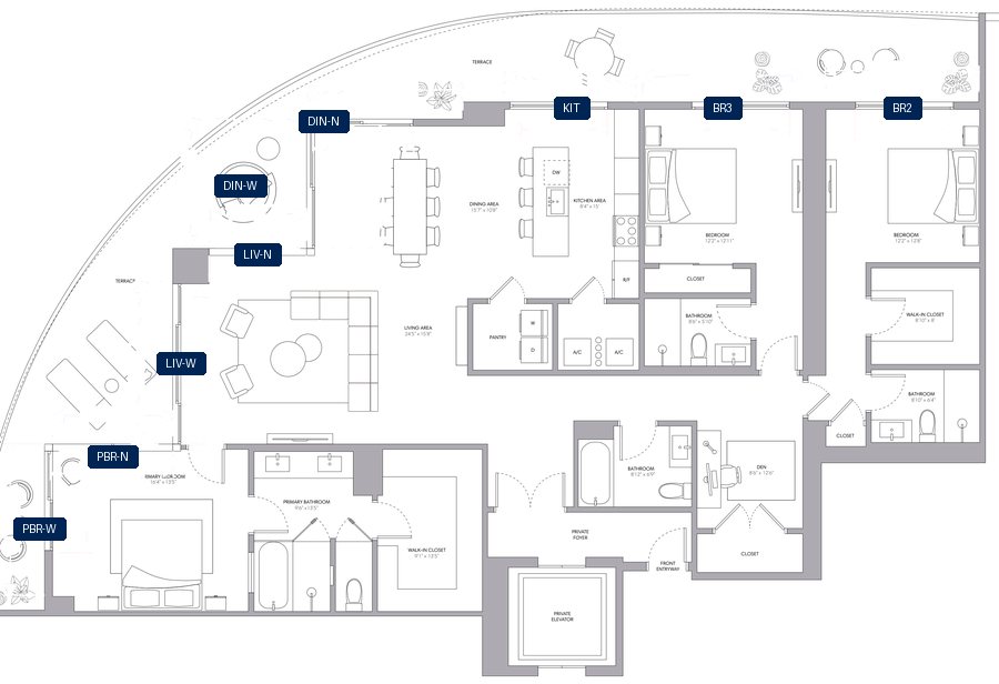 Shade plan for ONE Park Tower Penthouse 06, 10 tagged glazed openings