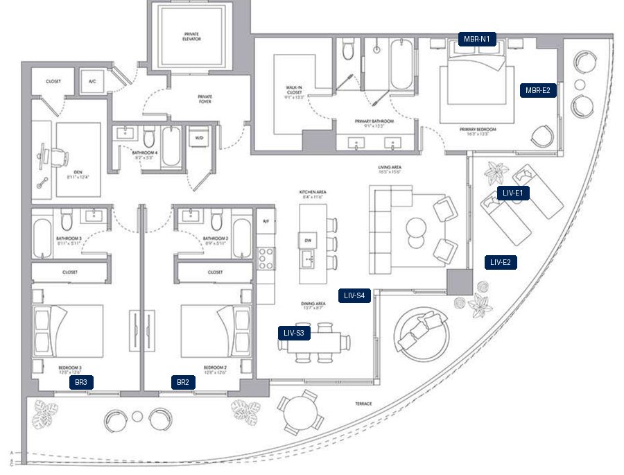 Shade plan for ONE Park Tower Residence 01, 8 tagged glazed openings