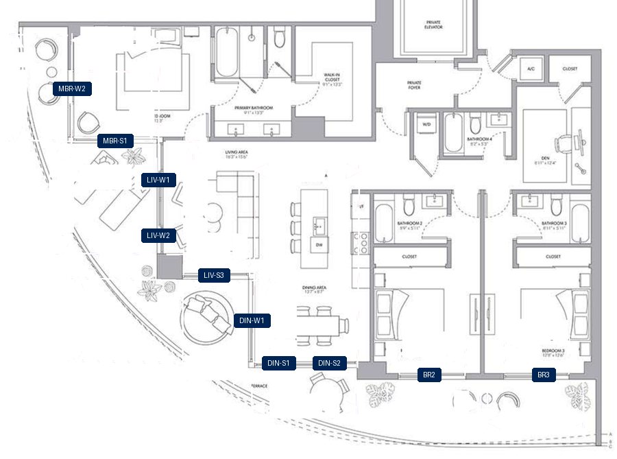 Shade plan for ONE Park Tower Residence 05, 10 tagged glazed openings