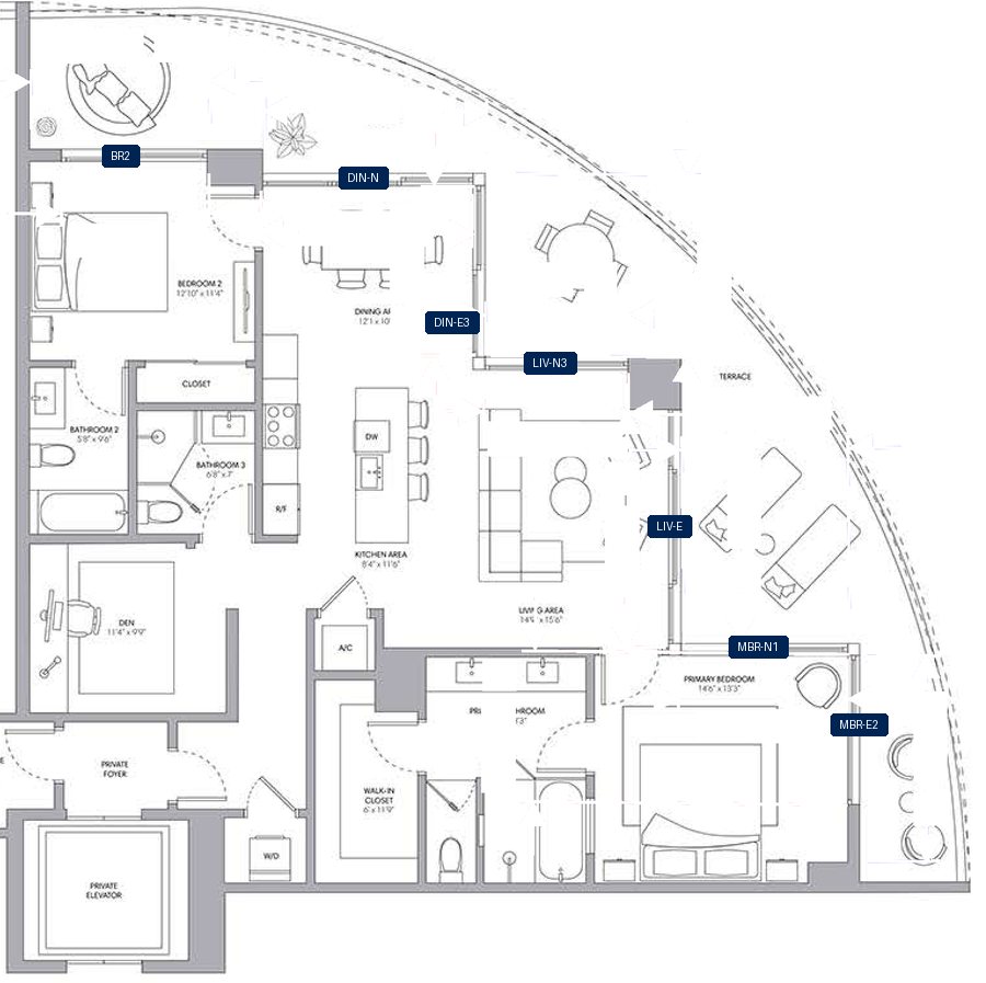 Shade plan for ONE Park Tower Residence 11, 9 tagged glazed openings