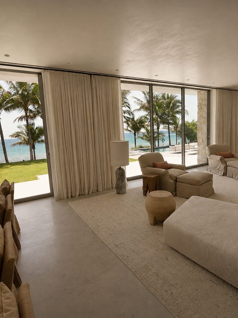 Linen draperies framing the oceanfront glass of a living room