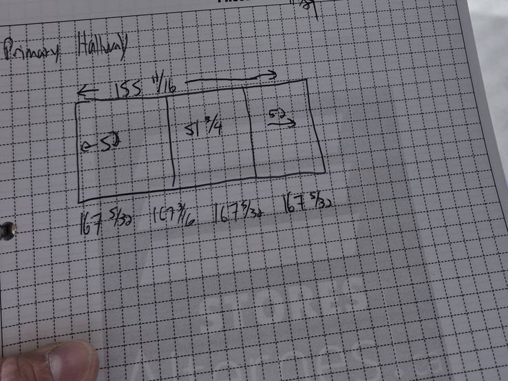 Hand-drawn measurement sheet for a three-panel opening with the height taken at four points