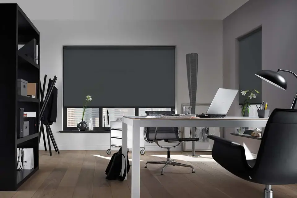 Orient FR Blackout White Backing shade fabric in a room, photo 1 of 2 from TOP Window Covering