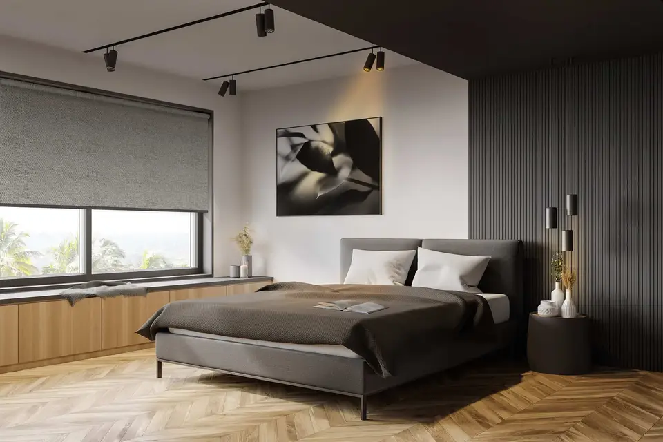 Palermo Blackout White Backing shade fabric in a room, photo 1 of 3 from TOP Window Covering