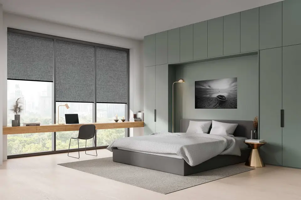 Roma Blackout White Backing shade fabric in a room, photo 1 of 3 from TOP Window Covering