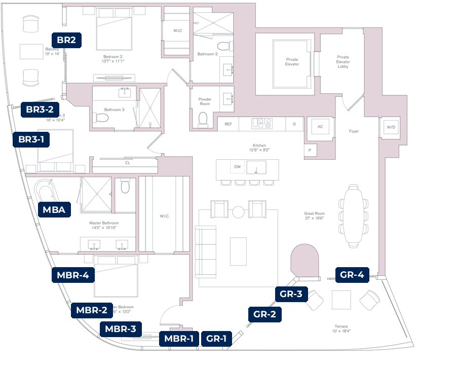 Shade plan for the Una South West Residence, 03 line, 12 tagged glazed openings